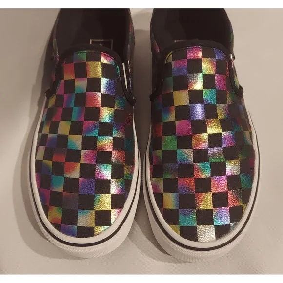 Vans Womens Iridescent Rainbow Checkerboard Classic Slip-On Sneakers Size 8.5 - Picture 2 of 14
